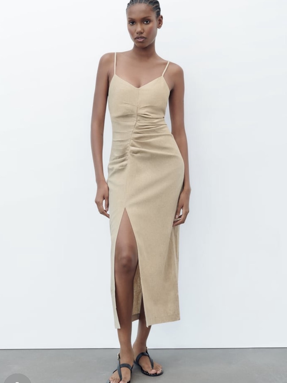 Zara Ruched Linen Blend Slip Dress M